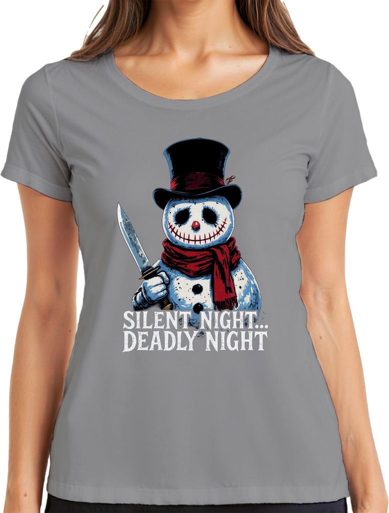 Silent Night Deadly Night Horror Schneemann Messer Weihnachten Damen T-Shirt, Grau, S