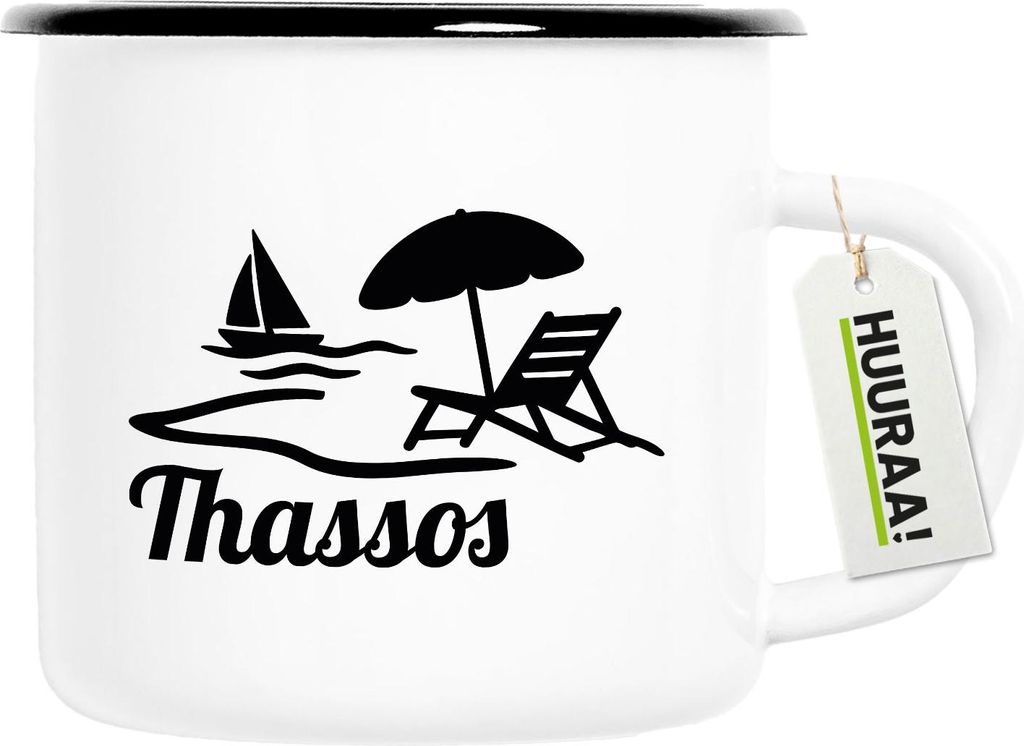 Huuraa Emaille Tasse Thassos Inselmotiv Griechenland 300ml Vintage Campingbecher Geschenkidee