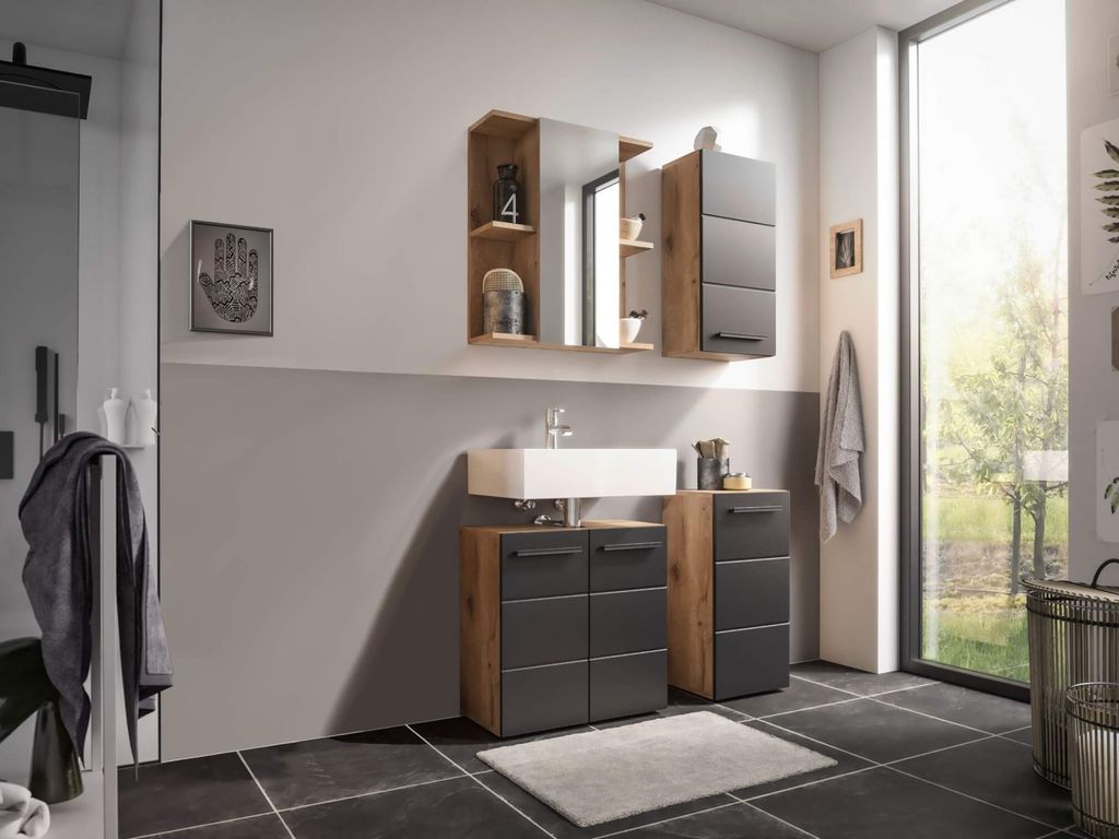 Badmöbel-Set Badezimmer VAIL 3 in Viking Oak / schwarz MDF, 4-tlg. mit Spiegelschrank