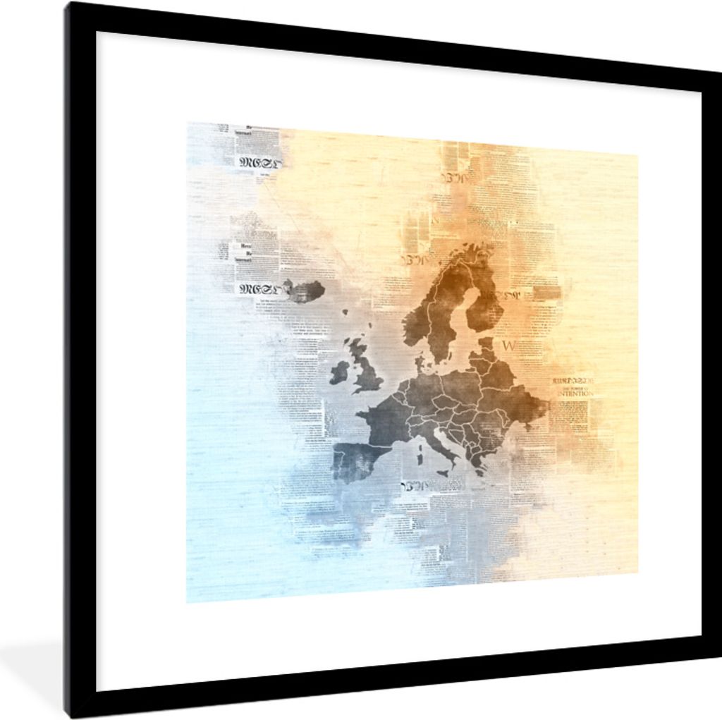 MuchoWow MuchoWow Gerahmtes Poster Karten - Europa - Aquarell - Zeitung 40x40 cm - Poster mit zchwarzem Bilderrahmen - Poster - Plakat im Rahmen