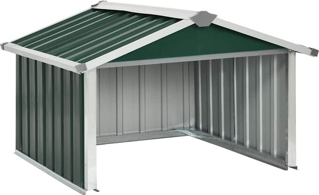 A green and gray metal shed for a lawnmower, shown from the front.