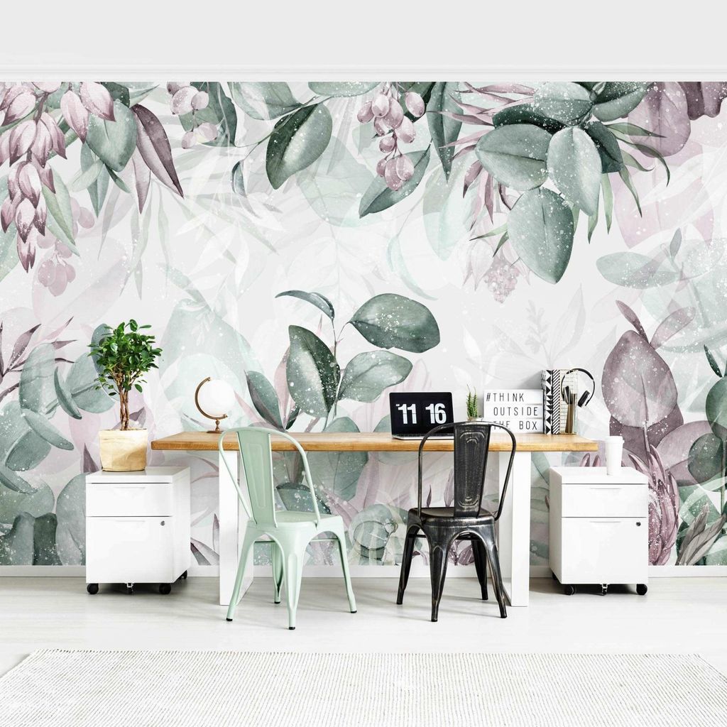 Fototapete Blumen - Vliestapete - Bildtapete UV-beständig Pflanzen grün Aquarell Tropisch Wandtapete geruchsfrei