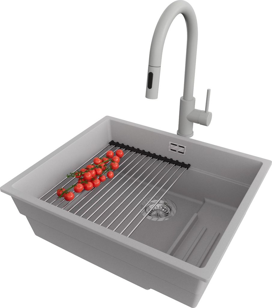 PRIMAGRAN Granitspüle Grau 56x47cm, Spülbecken 1 Becken + Küchenarmatur 40x20cm + Ablauf-Set + Küchenzubehörset, Küchenspüle ab 60er Untersc...