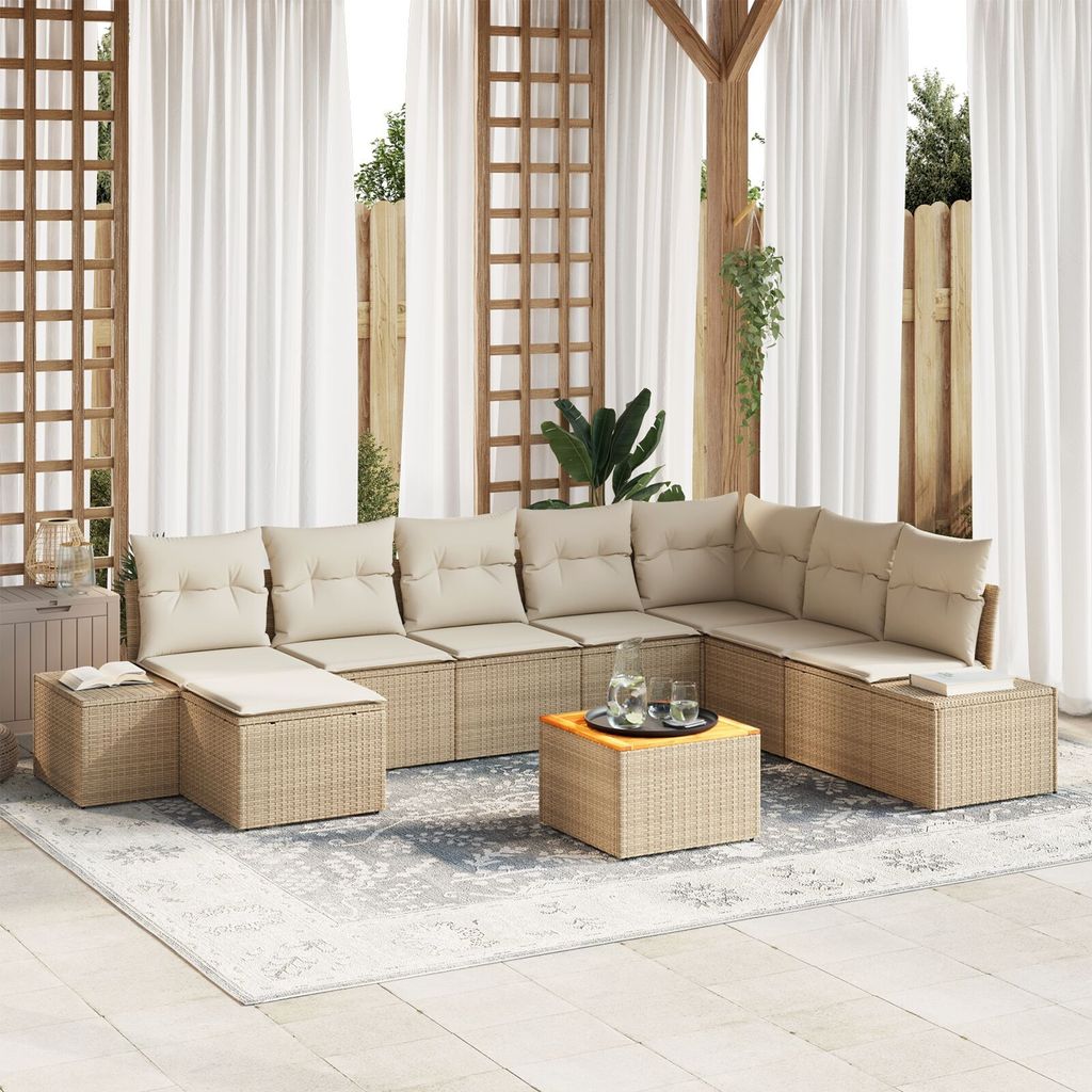 ZMH 9-teiliges Garten-Sofa-Set mit Kissen Beige Poly Rattan Akazie