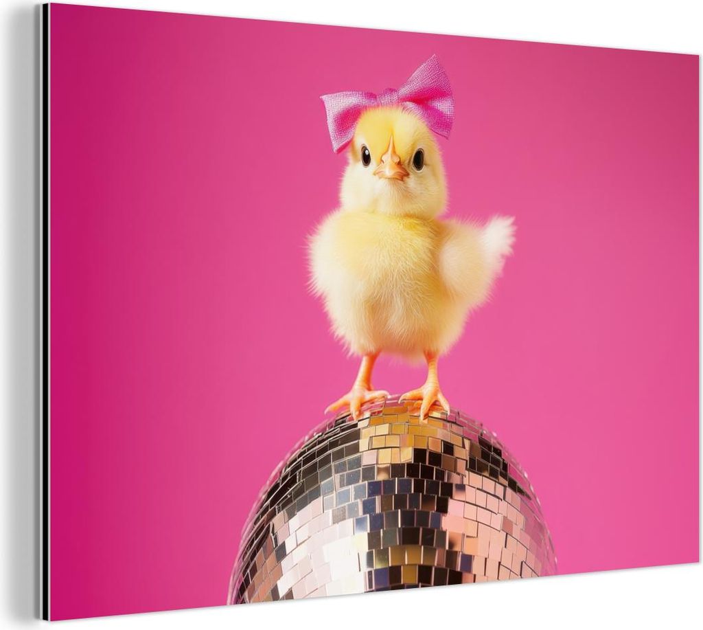MuchoWow Wanddekoration Metall Metallbild Wandkunst 30x20 cm Discoball - Küken - Schleife MuchoWow Aluminium Gemälde - Aluminiumgemälder