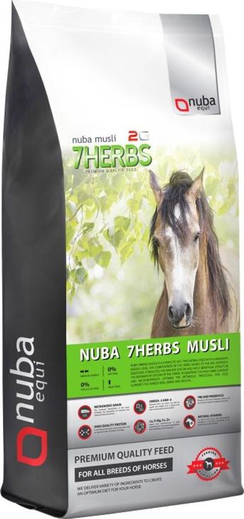 Nuba 7Herbs Pferdemüsli Pferdefutter Ohne Hafer Für Pferde, Kräutermüsli, Verdauung Pferd, Immunsystem Pferd, 20 Kg