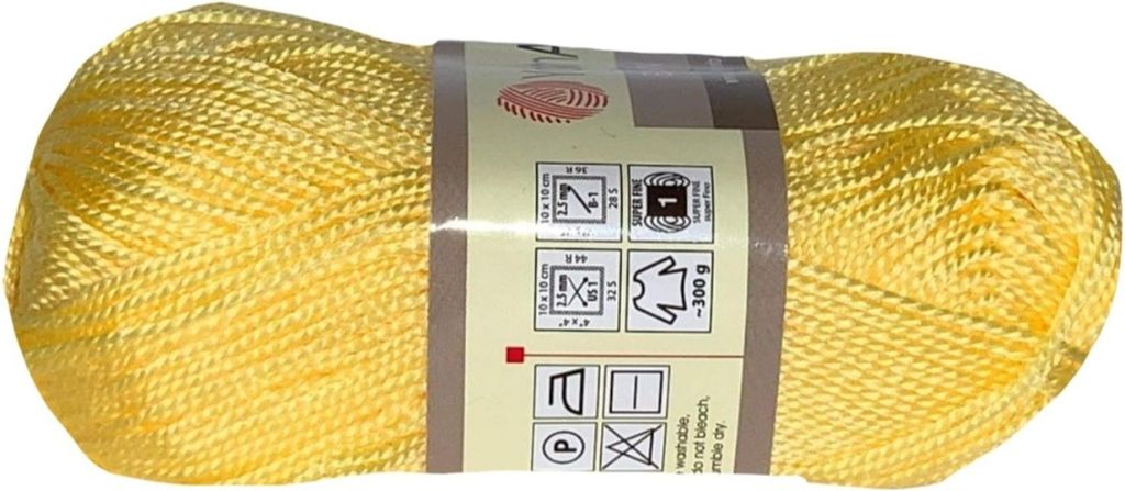 A ball of yellow yarn on a white background.