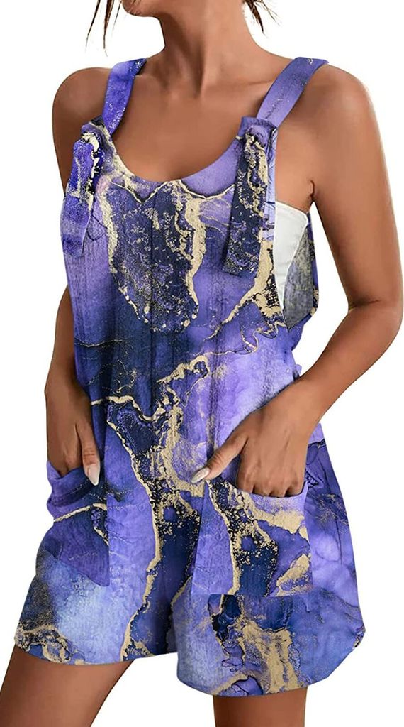 ASKSA Damen Sommer Jumpsuit Elegant Ärmellos Overall Kurze Hose Einteilige Rückenfreie Latzhose Shorts, Blau, XXL