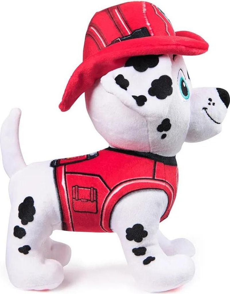 A plush toy dog dressed as a firefighter.