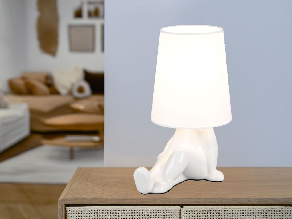 Ausgefallene LED Tischlampe Keramik Weiß mit Stoffschirm, kleine Nachttischlampe