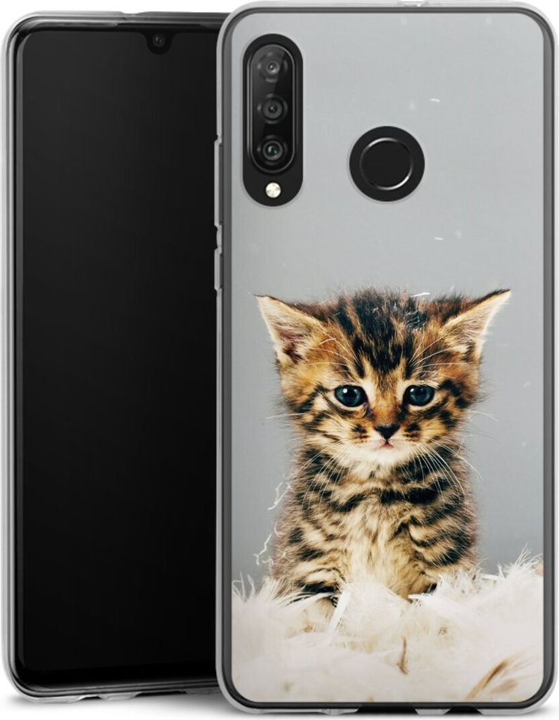 DeinDesign Handyhülle für Huawei P30 Lite New Edition Silikon Hülle Case Smartphone Schutzhülle Feder Haustier Katze
