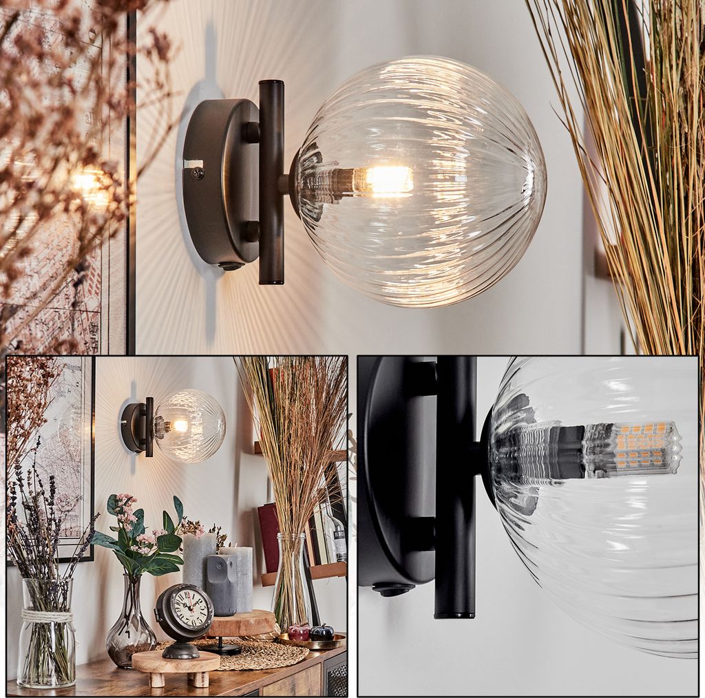 Isorella Wandlampe aus Metall/Riffelglas in Schwarz/Klar