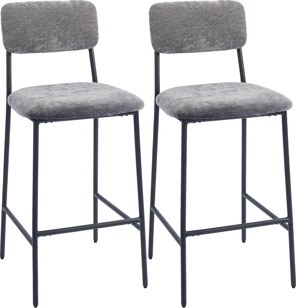 Tabourets de Bar Dossier Haut en Acier et Tissu Gris - Lot de 2 Pièces