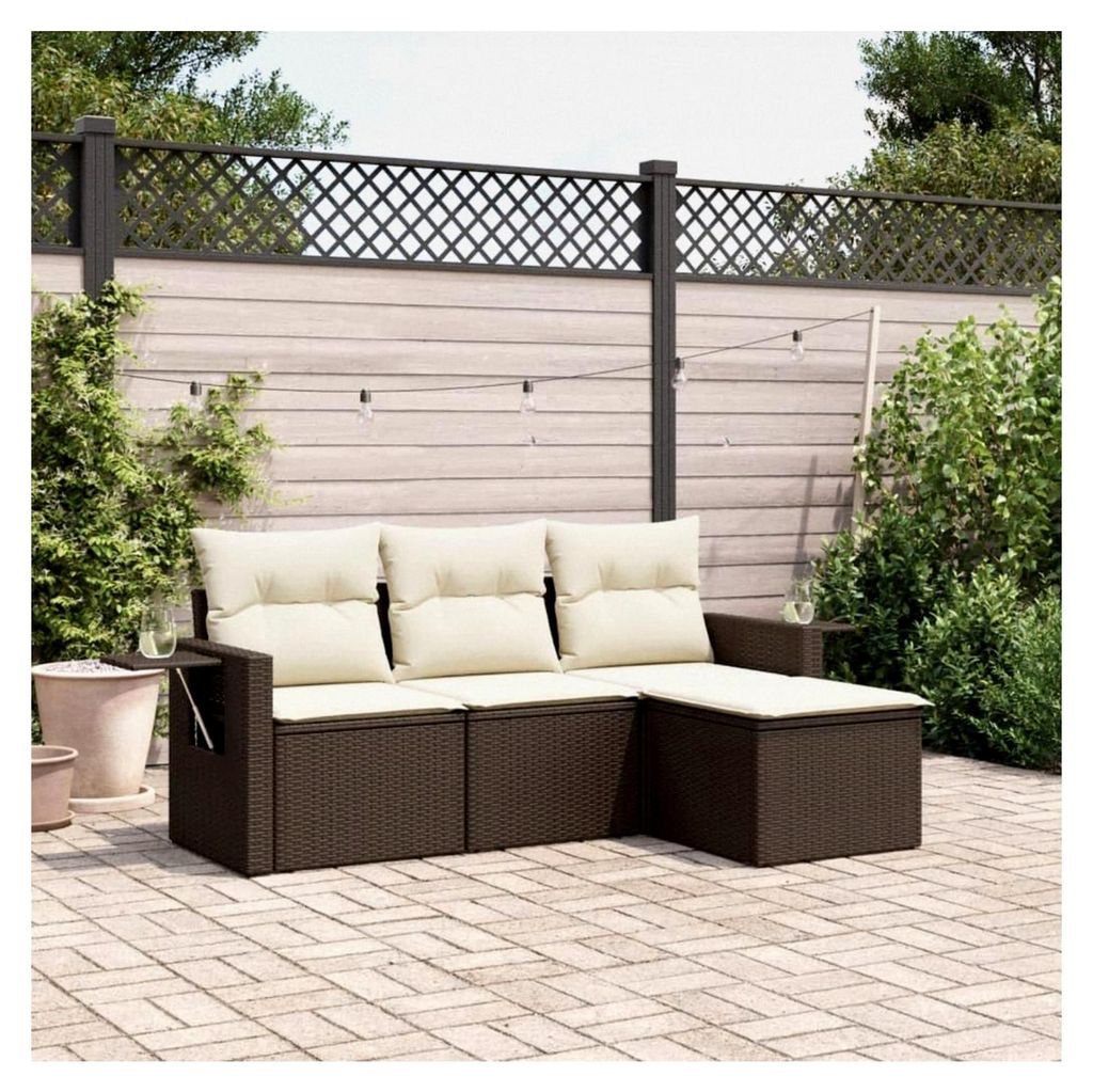 4-teiliges Gartensofa-Set mit braunen Kissen aus Polyrattan für Terrasse und Garten