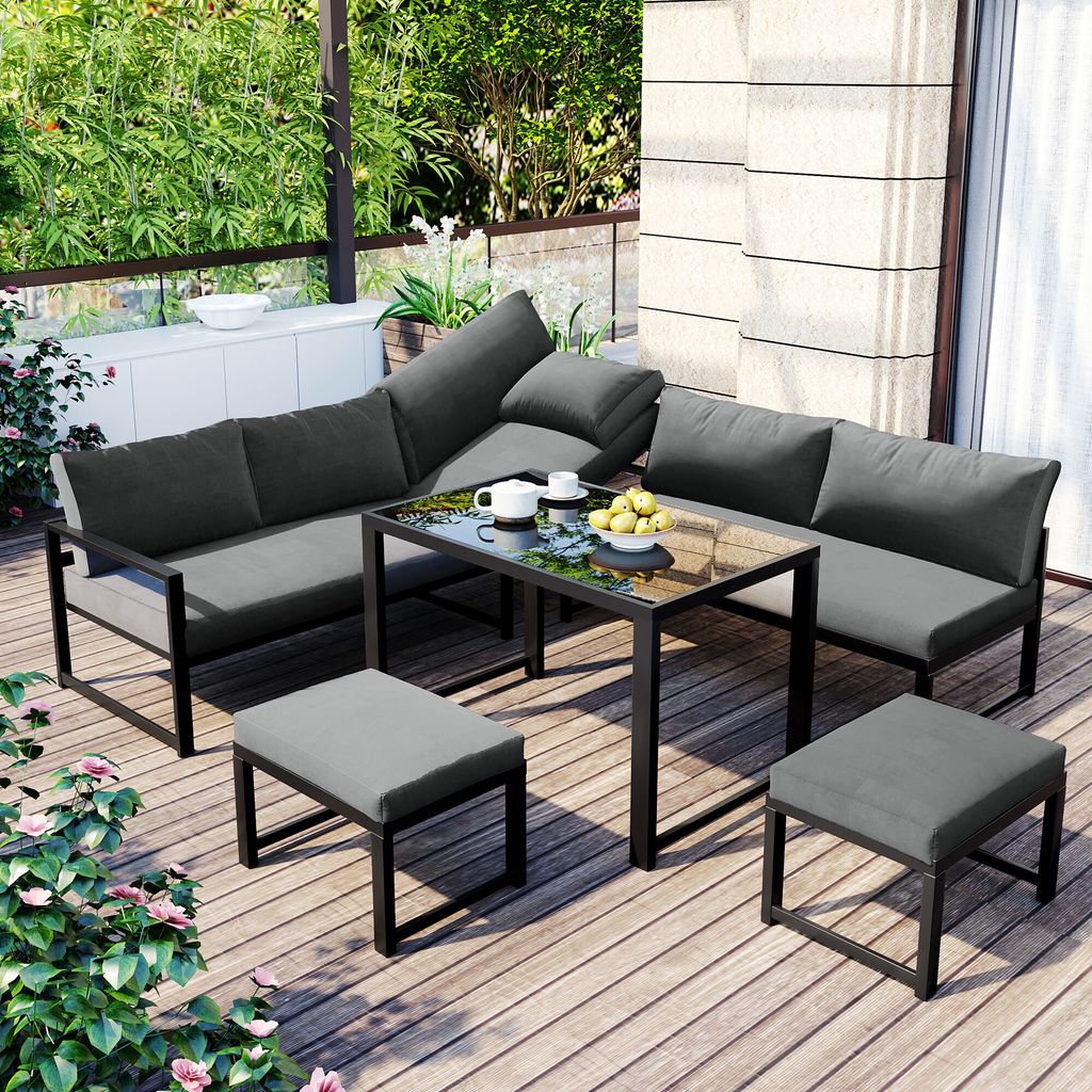 MODFU Gartenlounge Set 5-teiliges,1×2-Sitzer-Sofa, 2×Einzelstühle, 1×Tisch,1×Ecksofa, Liegefunktion, Vierter Gang verstellbare Rückenlehne, Grau