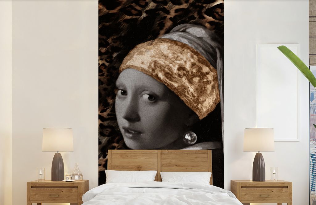 MuchoWow Fototapete für Wohnzimmer oder Schlafzimmer Wandtapete Vinyl Motivtapete Mädchen mit Perlenohrring - Pantherdruck - Braun - 120x240 cm...