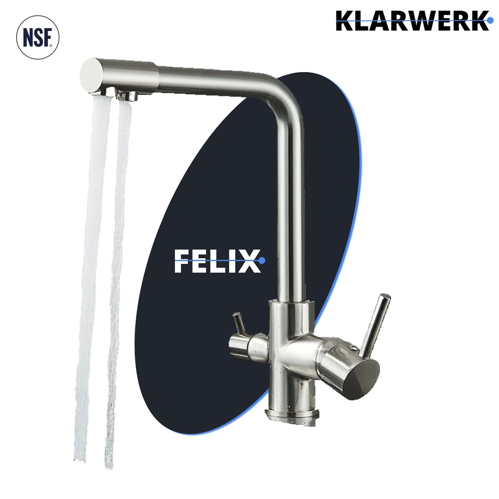 Felix | 4-Wege Niederdruck Trinkwasser Armatur Silber gebürstet | 4 Anschlüsse Filter Edelstahl Wasserhahn Boiler | Osmose Mischbatterie NSF