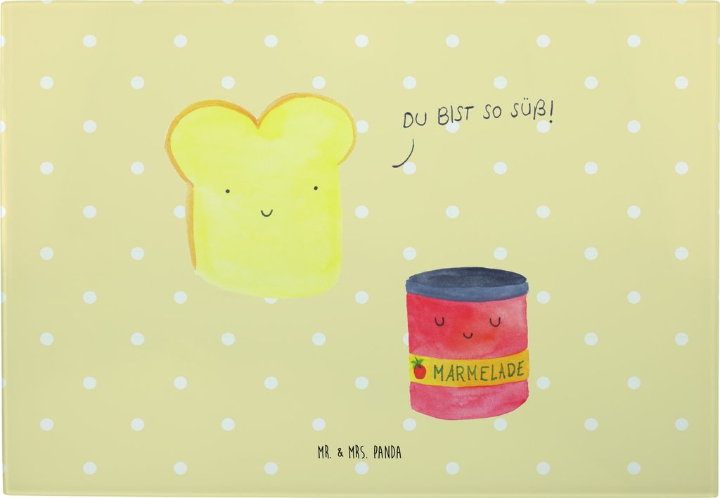 Mr. & Mrs. Panda Schneidebrett Toast Marmelade - Gelb Pastell - Geschenk, Frühstücksbrett, Glas Servierplatte, Süß, Brot, Dreamteam, Toastbrot,...