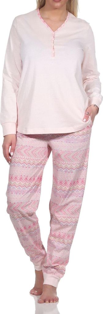 Normann Damen Langarm Schlafanzug Pyjama mit Bündchen im Ethnolook - auch in Übergrössen ; rosa , 60