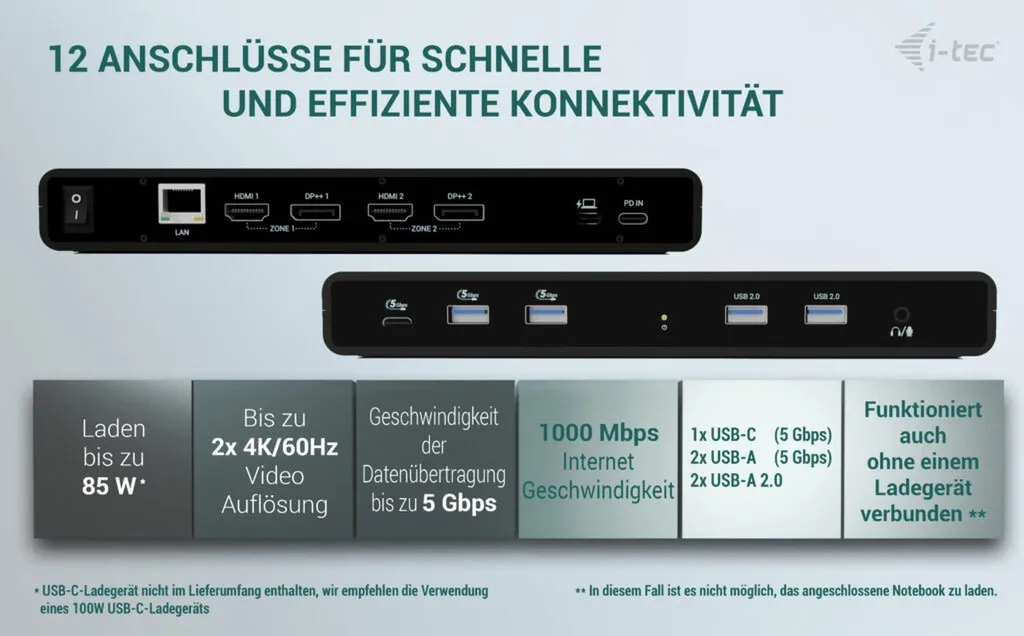 Station d'accueil Double Écran 4K Universelle USB-C avec Charge 85W - 5
