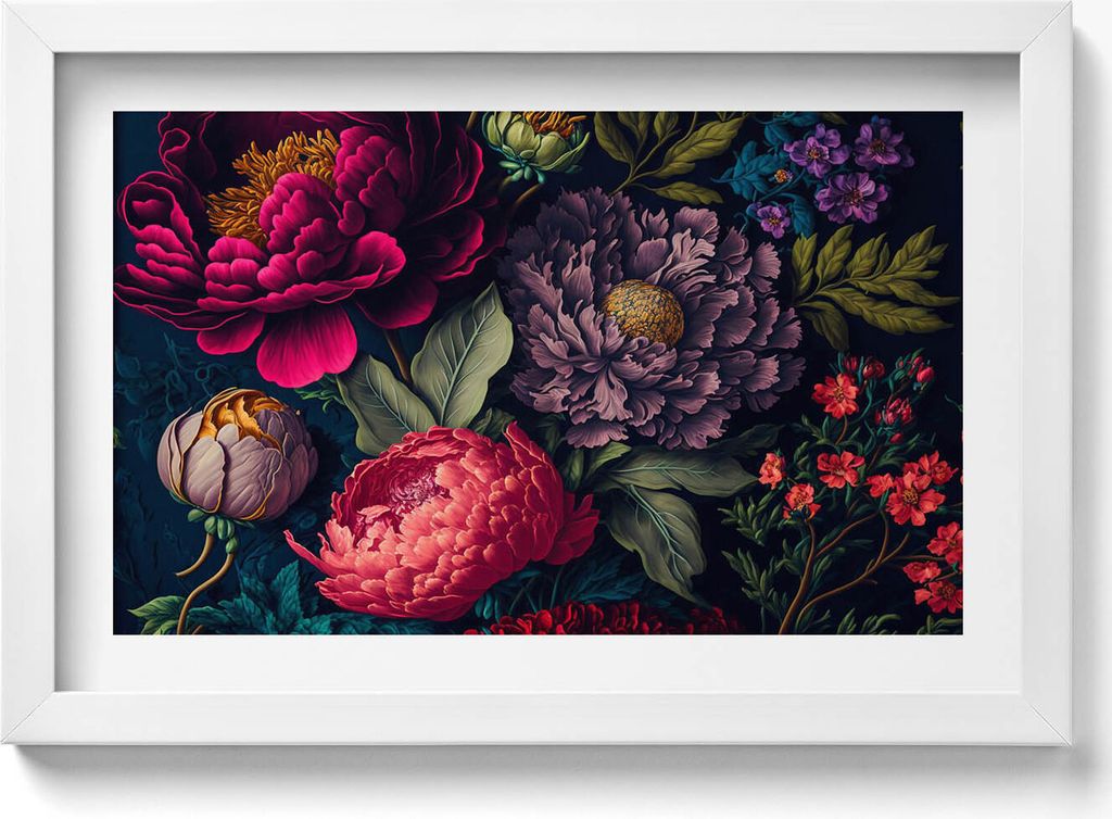 Vintage Bouquet von botanischen Blumen– Wandbild mit Rahmen – Gerahmtes Bild – Wanddekoration – 30x20 cm – Weiß Rahmen