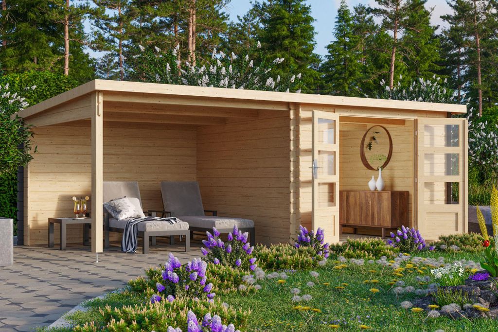 Karibu Gartenhaus Blockbohlenhaus ORLANDO 28mm Wandstärke 560 x 297 cm Farbe: Naturbelassen