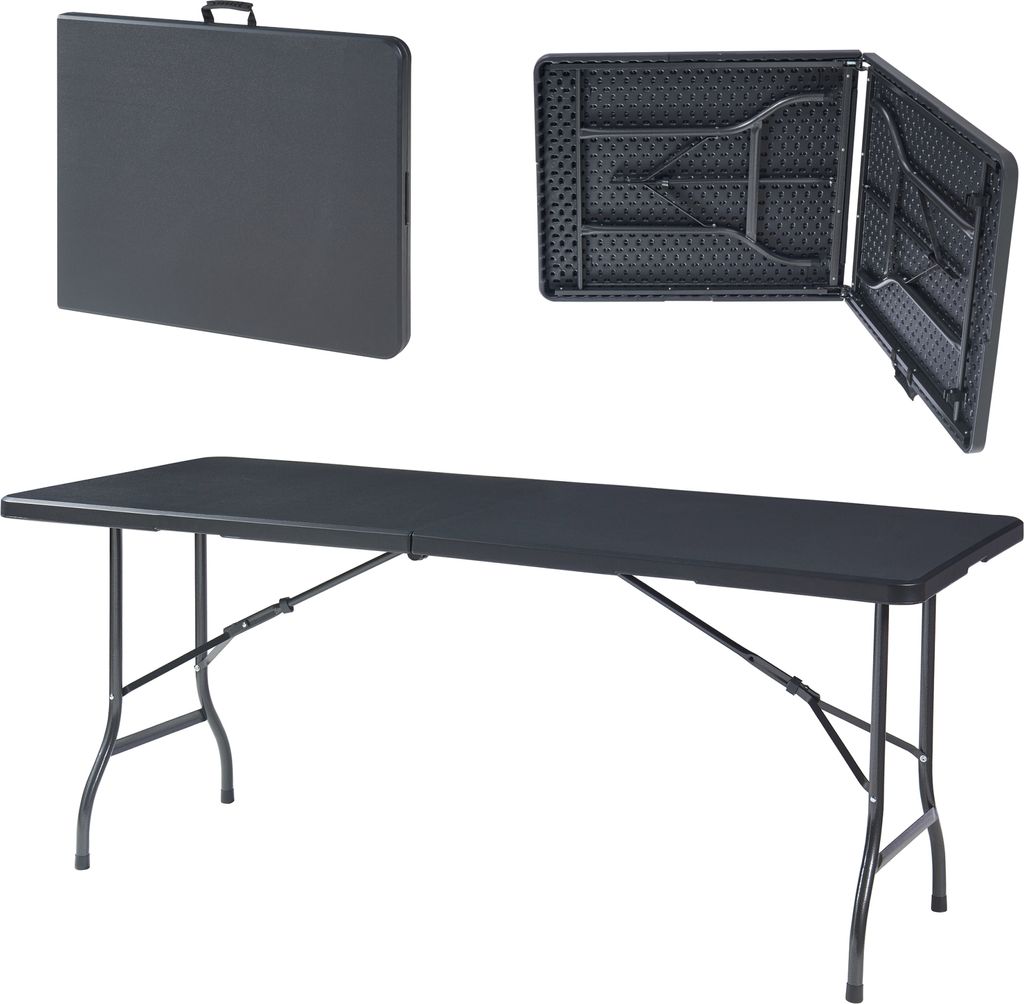 A black folding table is shown in three different configurations: folded and closed, folded and open, and fully set up.