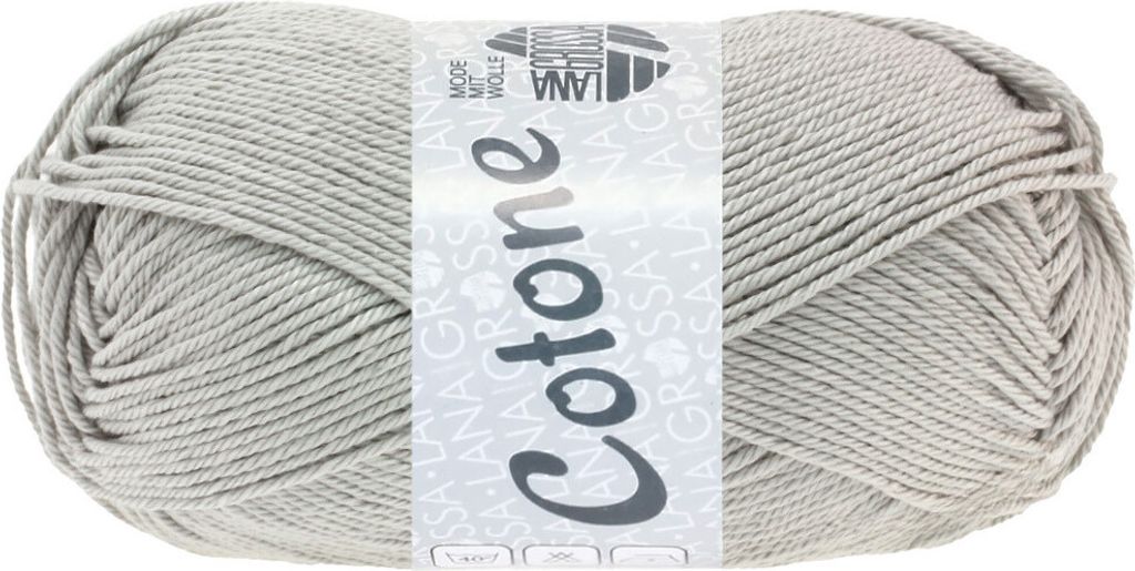 A ball of light gray yarn on a white background.