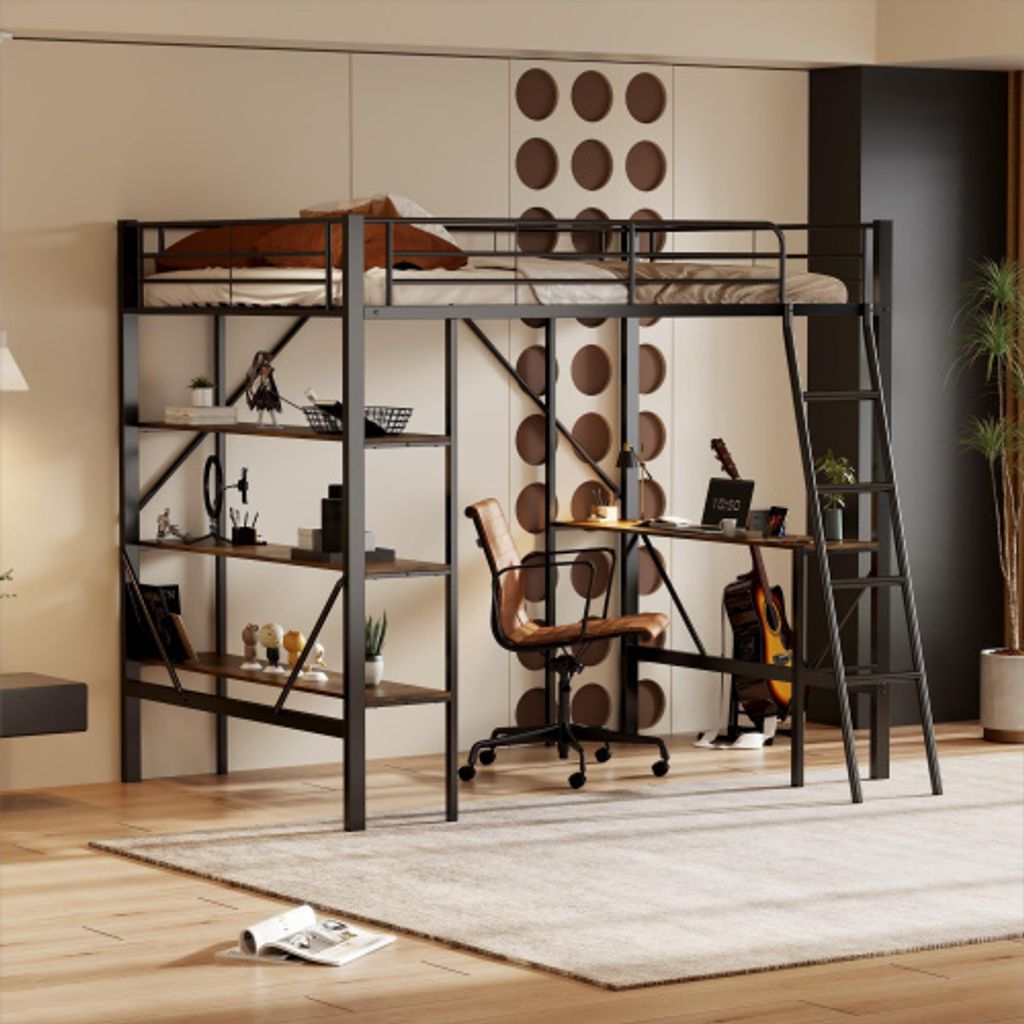 AIORBER Etagenbett, 90x200cm,aus Stahl&MDF, mit Tisch,3 großen Regalen,Treppen&Geländern, Hochbett mit Lattenrost,Jugendliche,Kinderzimmerbett,Sc...