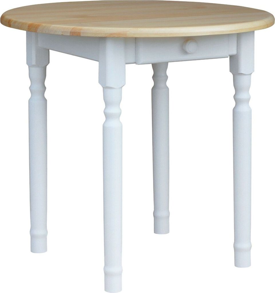 A round dining table with a wooden top and white legs, shown from a front-facing angle against a white background.