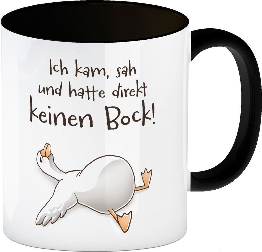 Gilbert die Gans Kaffeebecher in schwarz mit Spruch Kam sah keinen Bock!