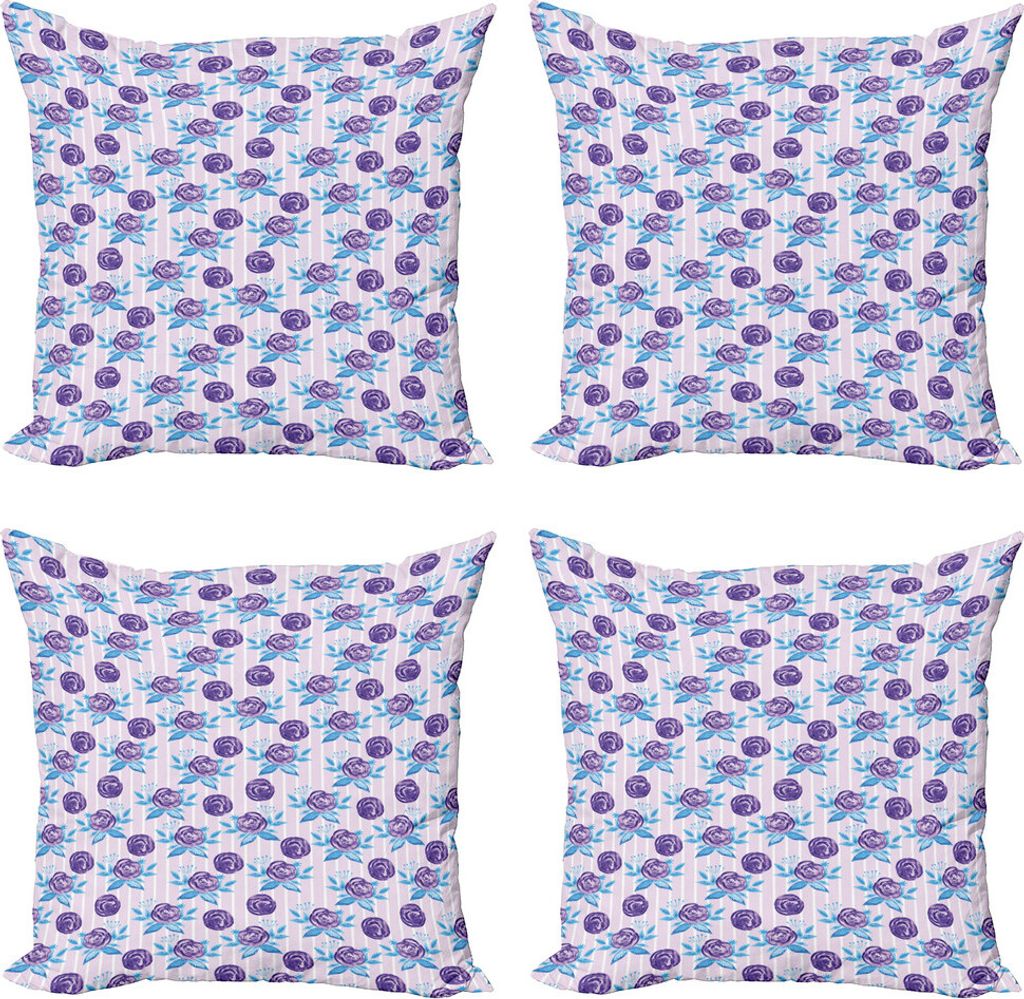 ABAKUHAUS Blumen Kissenbezug Set (4 Stück), Abstrakte Rosen auf Streifen, Moderner Doppelseitiger Digitaldruck, 45 cm x 45 cm, Baby Pink Sky Blue