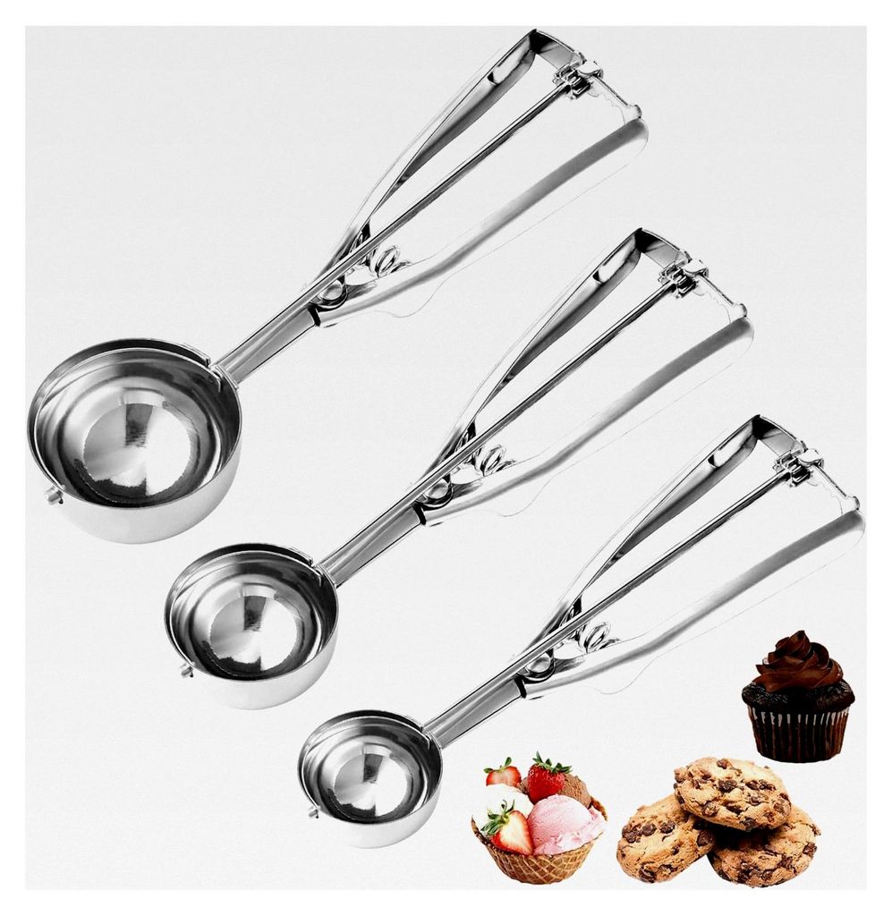Keksportionierer Set, 3 Stück Edelstahl (1 EL, 2 EL, 3 EL), Portionierer mit Auslöser für Cupcakes, Eiscreme, Muffins, Fleischbällchen, Melonen...