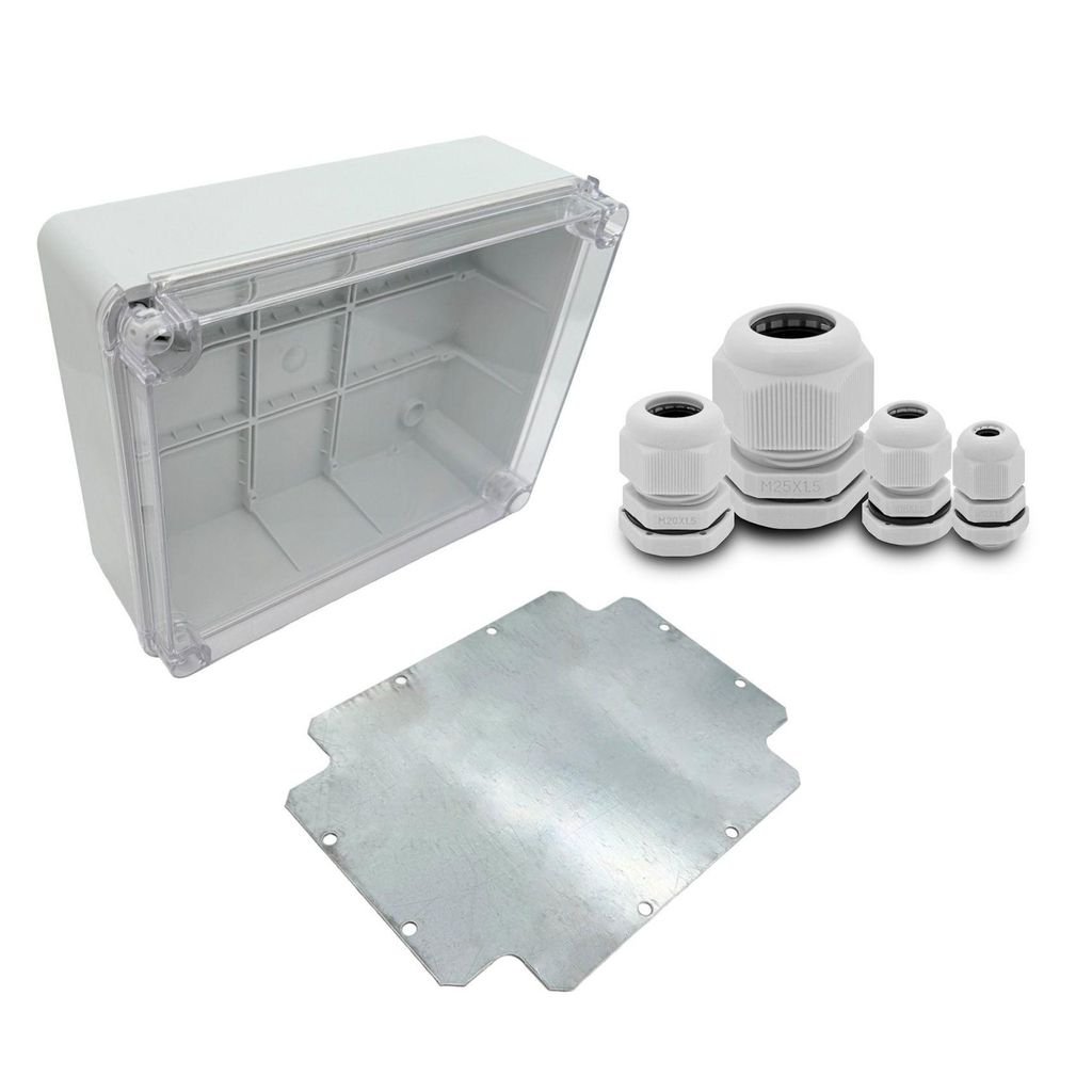 ARLI SET: Abzweigdose IP67 Sichttür Aufputz 310 x 230 x 130 mm inkl. Montageplatte + 40x Kabelverschraubung M12 / M16 / M20 / M25 Set