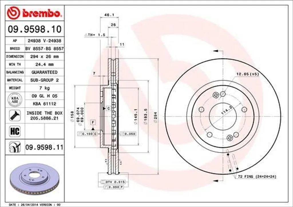 Disque de Frein Haute Qualité Brembo 09.9598.11 pour Santa Fe I (SM)