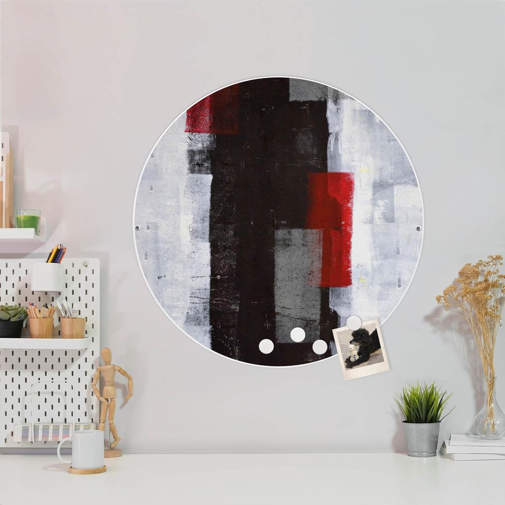 Design Stahlmagnettafel Weiß Rund 47cm Abstrakt Rot