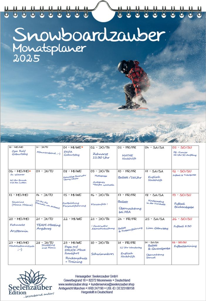 Snowboardzauber Planer DIN A4 Kalender für 2025 Berge Snowboard Ski Freizeit - Seelenzauber