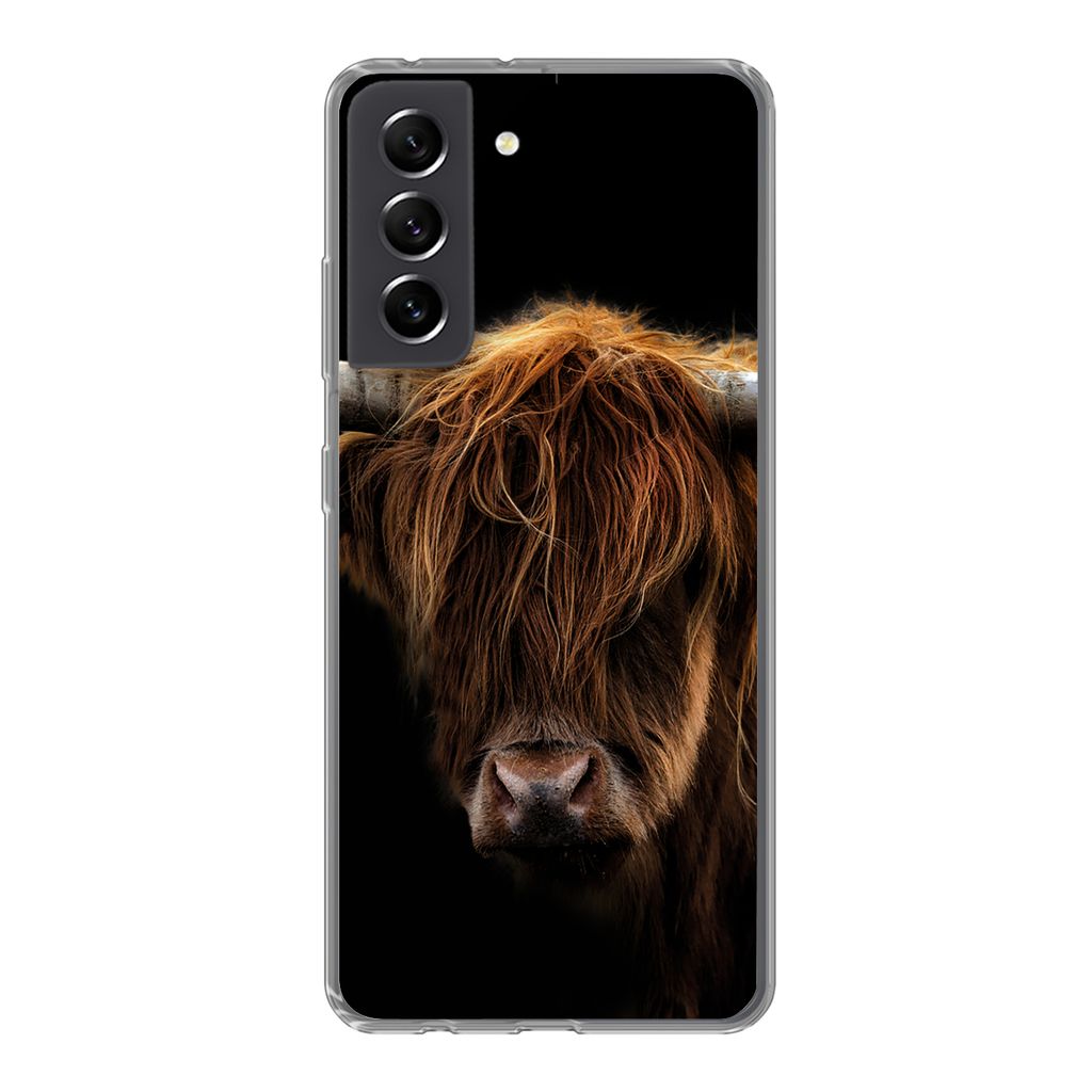 MuchoWow Handyhülle Schutzhülle Hülle für Samsung Galaxy S21 FE Schottischer Highlander - Hörner - Schwarz - Tiere - Natur - Wild - Kuh Sili...