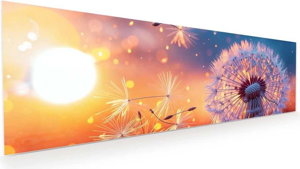 Glasbild 120x40cm in XXL für Wohnzimmer, Schlafzimmer Motiv Pusteblume Sonnenuntergang
