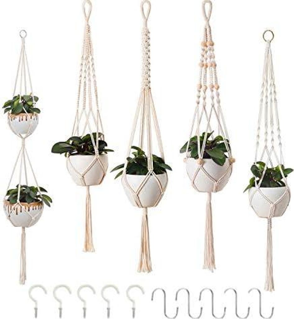 Petutu 5er Set Makramee Blumenampel, Boho Deko Baumwollseil Hängeampel Blumentopf Pflanzen Halter Aufhänger für Innen Außen Decken Balkone Wand...