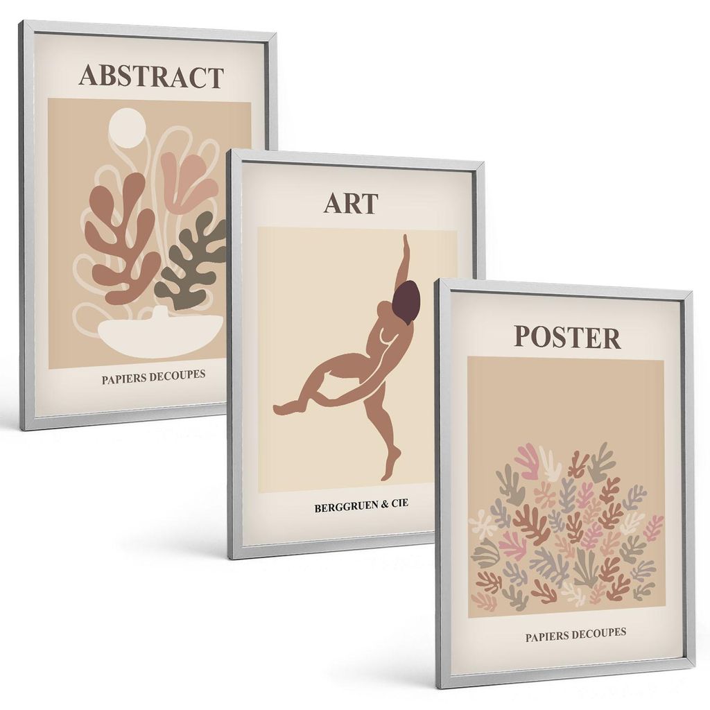 Bilder Set 3-teilig im silbergerahmten Rahmen – Wandbilder 3 Stück – gerahmte Poster für Wohnzimmer, Schlafzimmer und Flur – 40x60 cm – M...