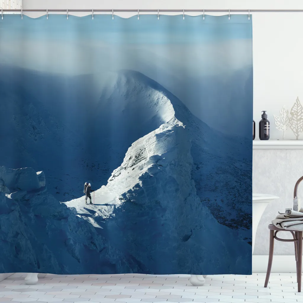 ABAKUHAUS Tenda da doccia naturale, Giornata di sole in montagna, Set incl. 12 ganci in tessuto Impermeabile Resistente a batteri e muffe, 175 x 220 cm, blu ardesia e bianco