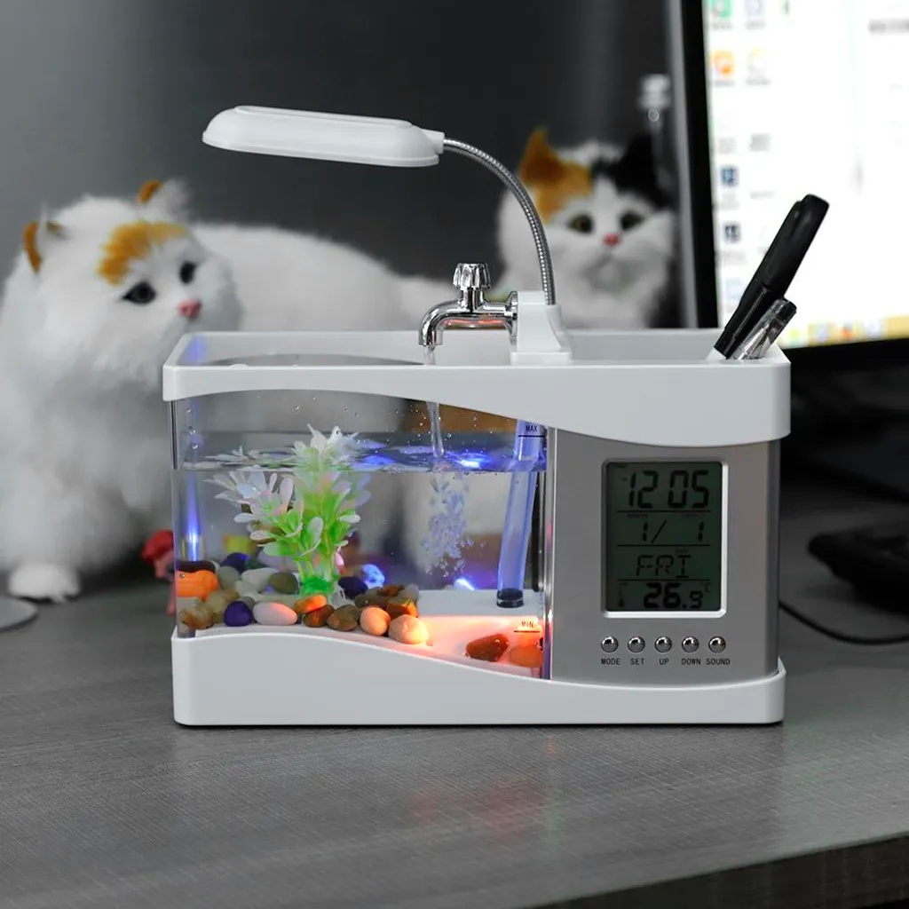 Aquarium décoratif pour table de nuit avec horloge et lumière LED USB - 5