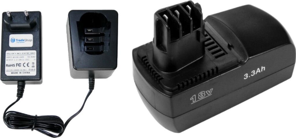 Trade-Shop 2in1 Set: Ni-MH Akku 18V / 3300mAh + Ladegerät inkl. Netzteil für Metabo BS18 Plus, BST18 Plus, BSP18 Plus, BSZ18, BSZ18 Impuls, KSAP18
