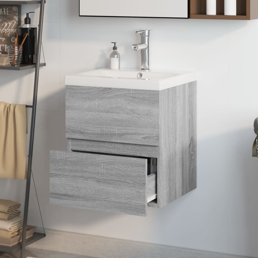 The Living Store Waschbeckenschrank mit Einbaubecken Grau Sonoma Holzwerkstoff