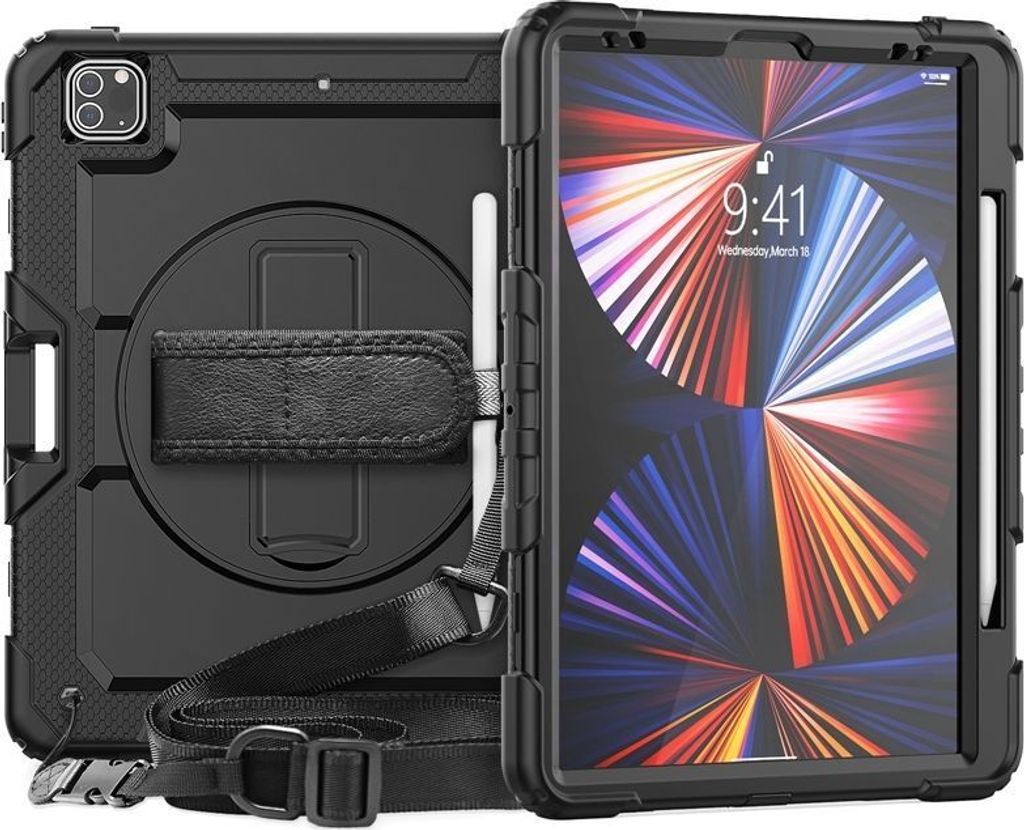 Mobigear SureGrip Xtreme iPad Pro 12.9 Zoll (2021) Hülle Kunststoff,Silikon Backcover + Stifthalter + Schulterträger + Ständer - Schwarz