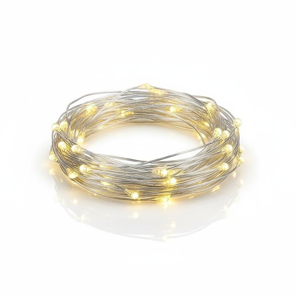 A coiled string of LED lights on a white background.