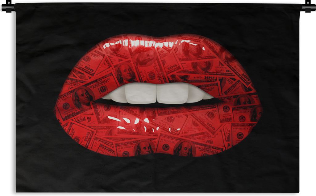 MuchoWow Wandteppich Wandbehang Lippen - Geld - Rot 60x40 cm Tapisserie Dekoration Wandtuch - Wanddekorationen