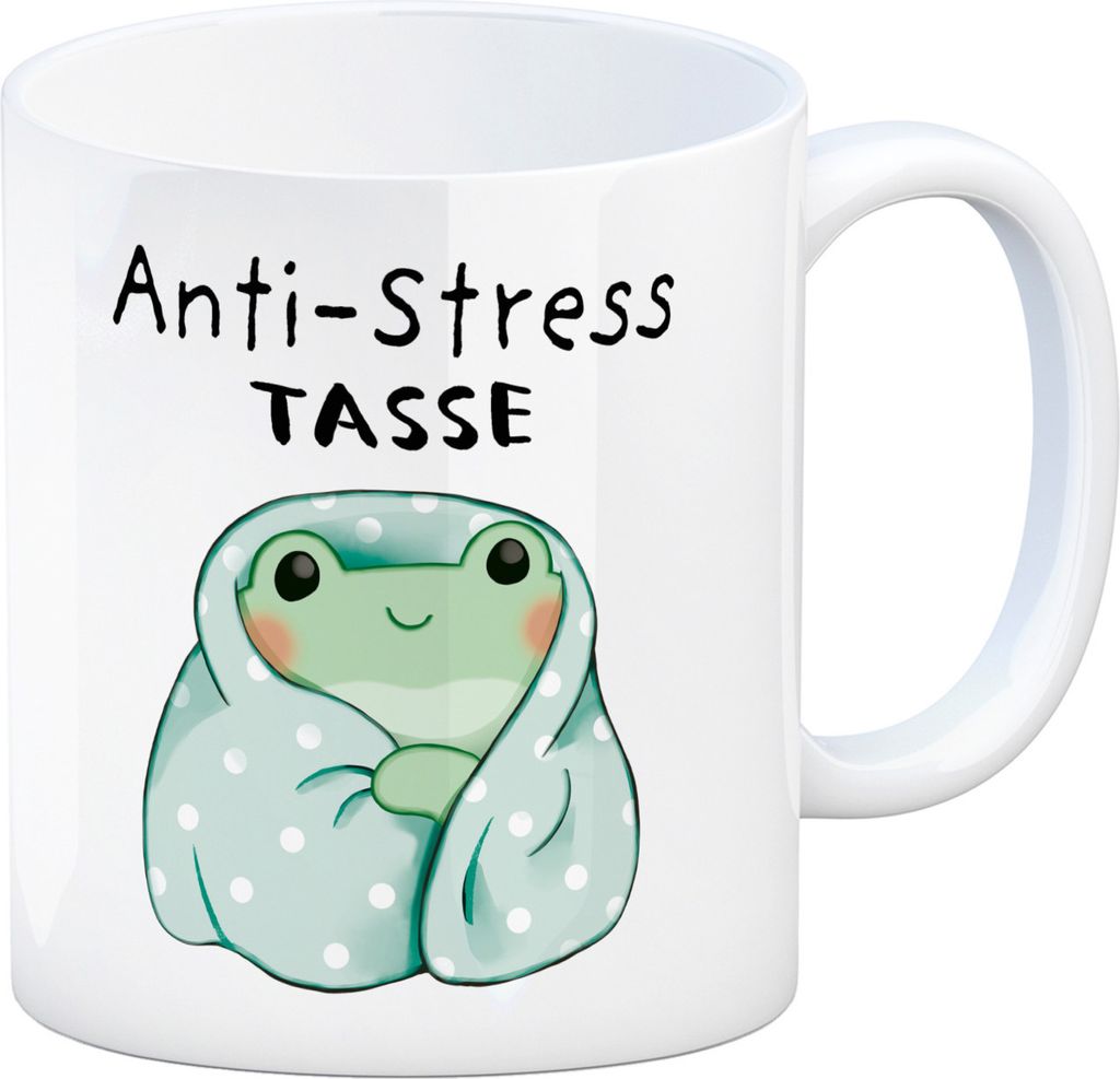 Frosch in blauer Decke mit Spruch Anti-Stress Tasse Produktbild 