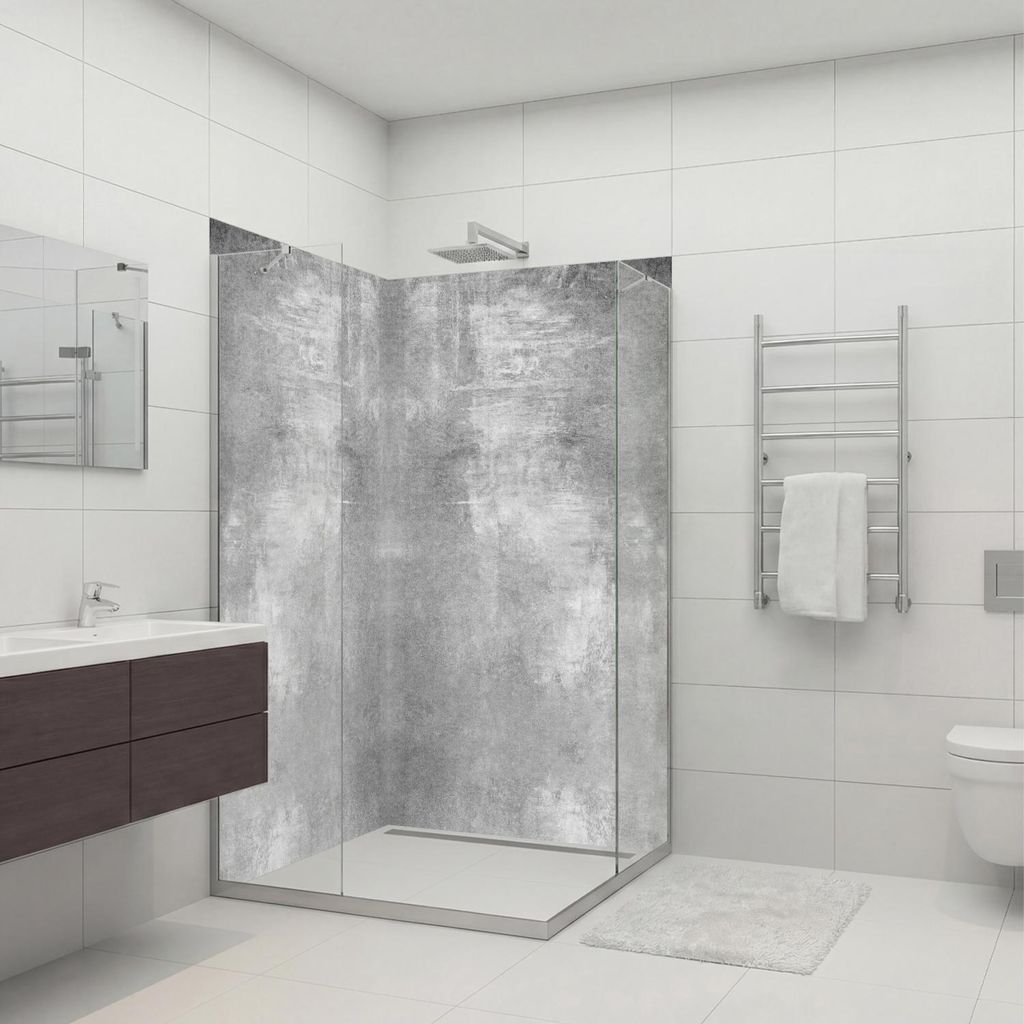 dedeco Eck-Duschrückwände Aluminium wasserfest Motiv: Beton V3, Nano-Protect seidenmatt, 2 x 90x210x0,3cm, Fliesenersatz fugenlos Wandverkleidung...